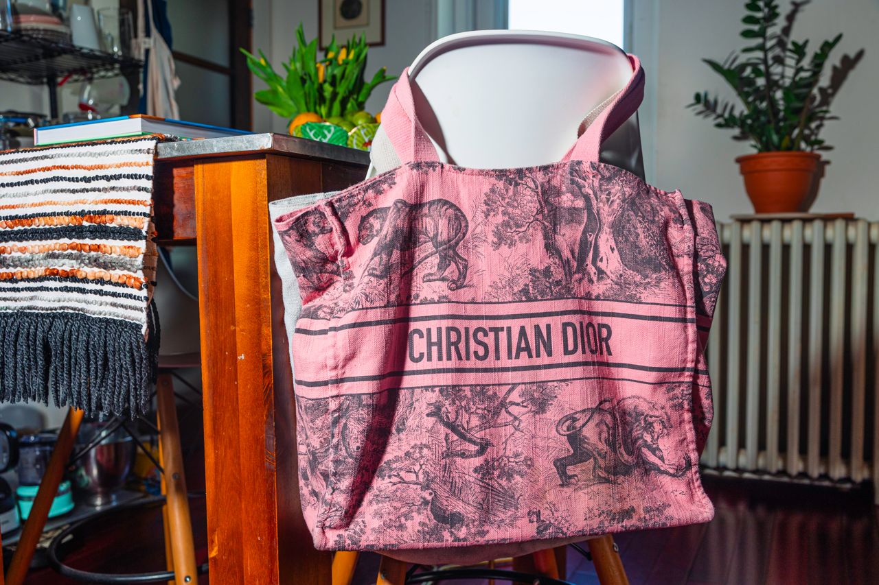 A large pink reusable bag