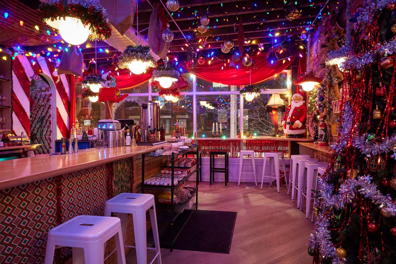 Inside the festive room at Miracle on Bloor, a Christmas cocktail bar in Toronto