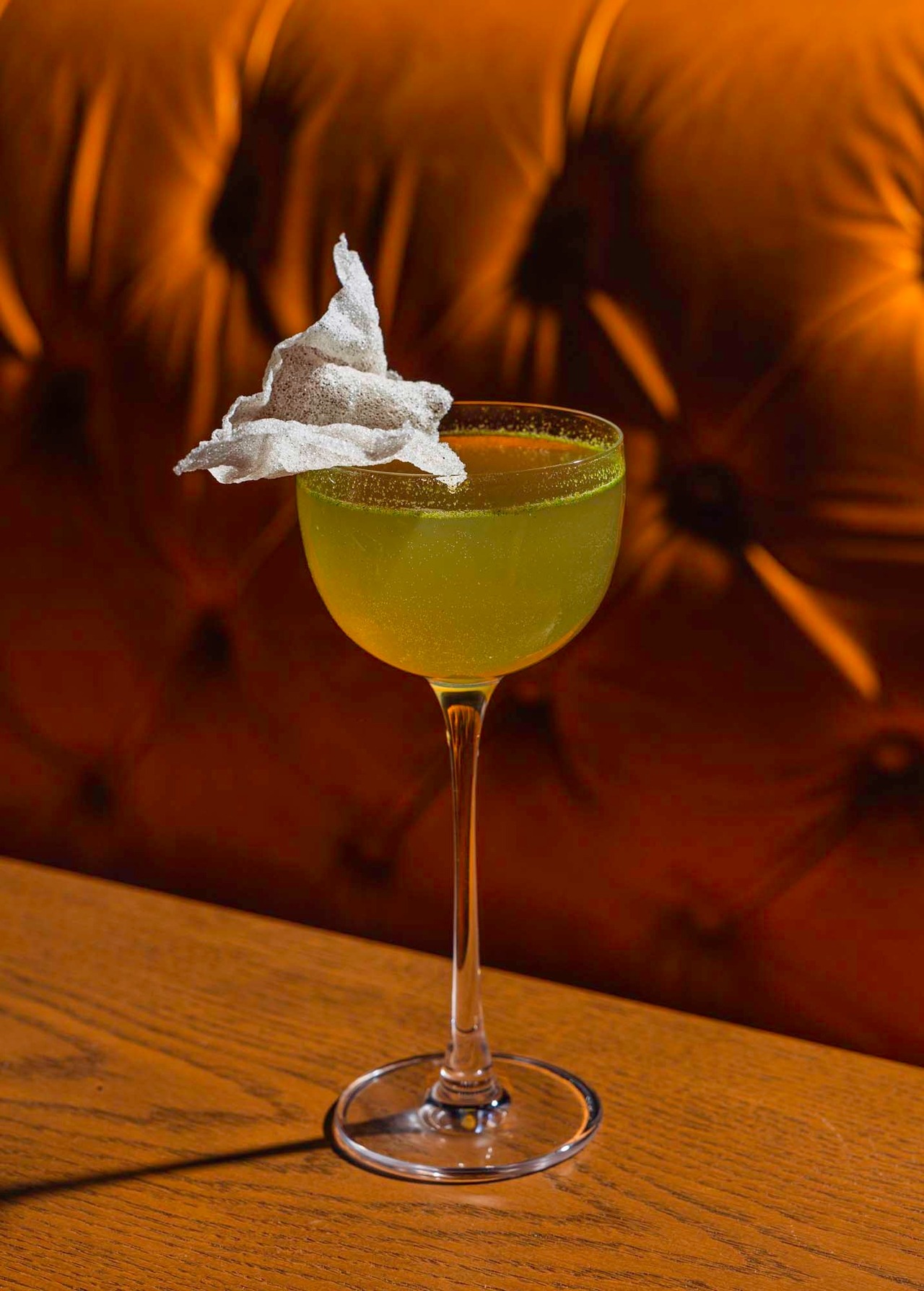 The Fashion Killa is a mix of gin, Reynac Pineau Des Charentes, crème de violette, absinthe, lemon cordial and nitrogen-muddled basil